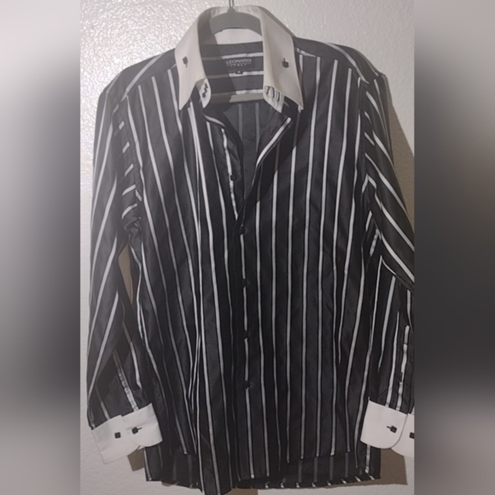 LEONARDI ITALY Pinstripe Button Down Medium Mens Metallic Silky Up‎ Dress shirt